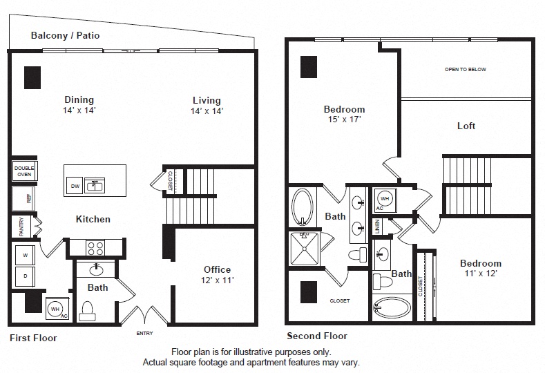 Floor plan for 2 beds, 2.5 baths, 1994 sqft